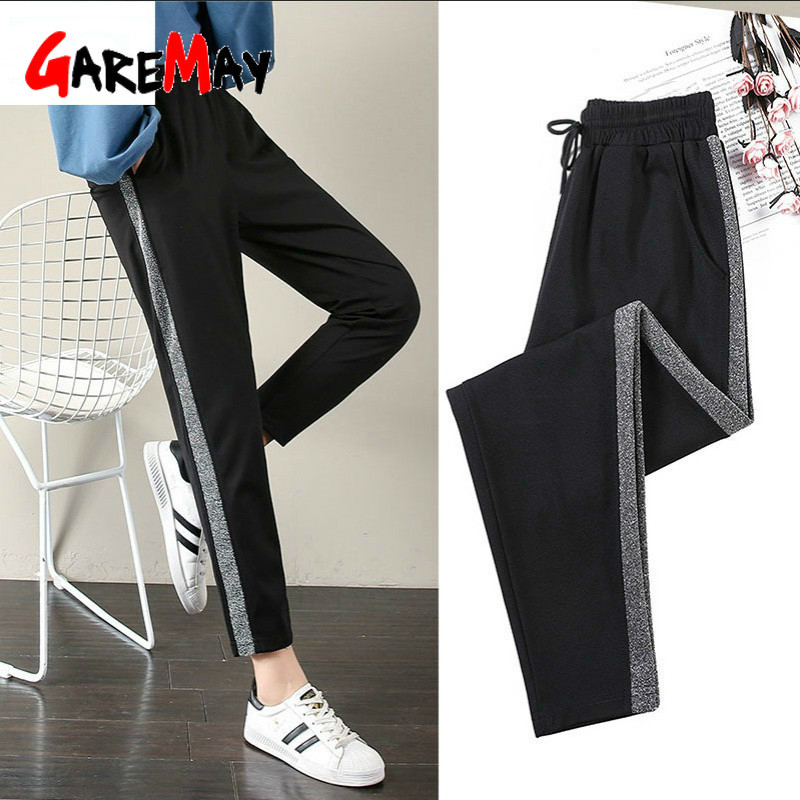 Women's Pants Plus Size Korean Style Motion Elastic Waist SportsTrousers Black White Striped Side Sweatpants Women 210428