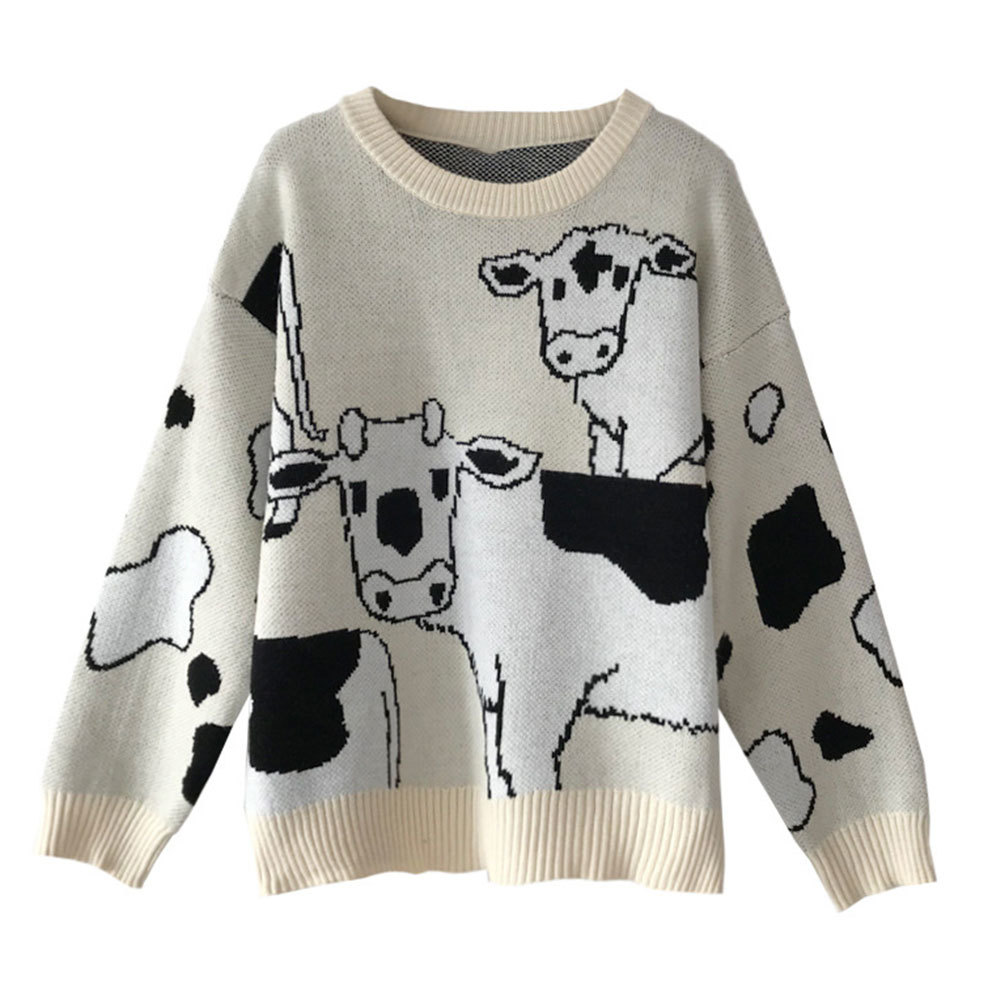 Vintage Casual Loose Lazy Cow Sweater Female Korean Harajuku Women's pullover Japanese Kawaii Cute Ulzzang Clothing For Women 210428