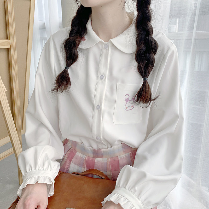 Japan Kawaii Chiffon White Blouse Women Autumn Long Sleeve Rabbit Embroidery Shirts Lolita Style Tops Clothes Schoolgirl 210317