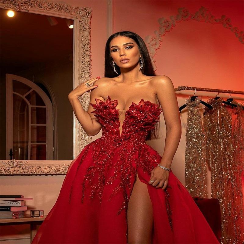 Luxury Red A Line Prom Dresses Sexy Side Split Beaded Applique Tulle Pageant Bride Vestidos Formal Evening Dress Custom Made Women Party Wear