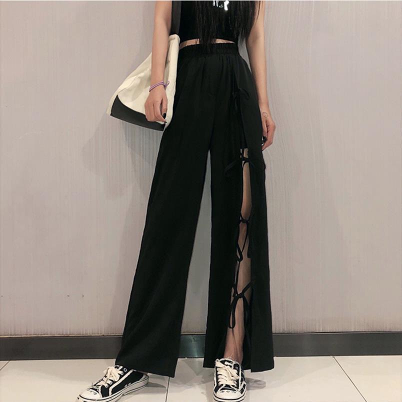 black split solid high womens pant elastic waist slimming pocket trousers autumn hollow out strip wide leg, Black;white
black split solid high womens pant elastic waist slimming pocket trousers autumn hollow out strip wide leg, Black;white