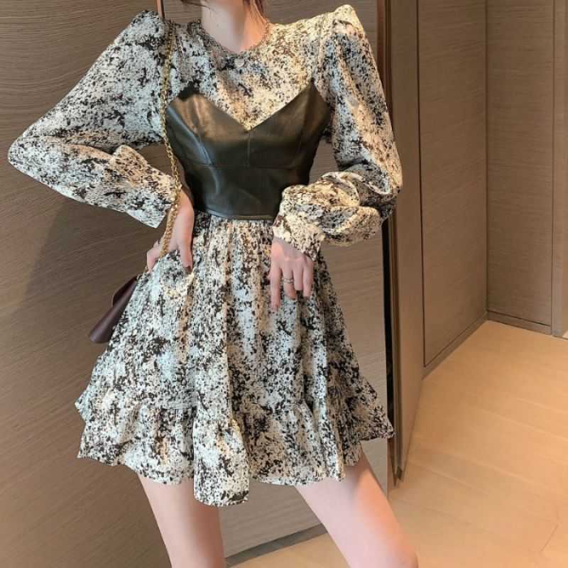 Gagaok Sweet Two Piece Set Women Spring Autumn Korean Chic Wild Fashion Ladies Outfits Floral Dresses + PU Vests 210708