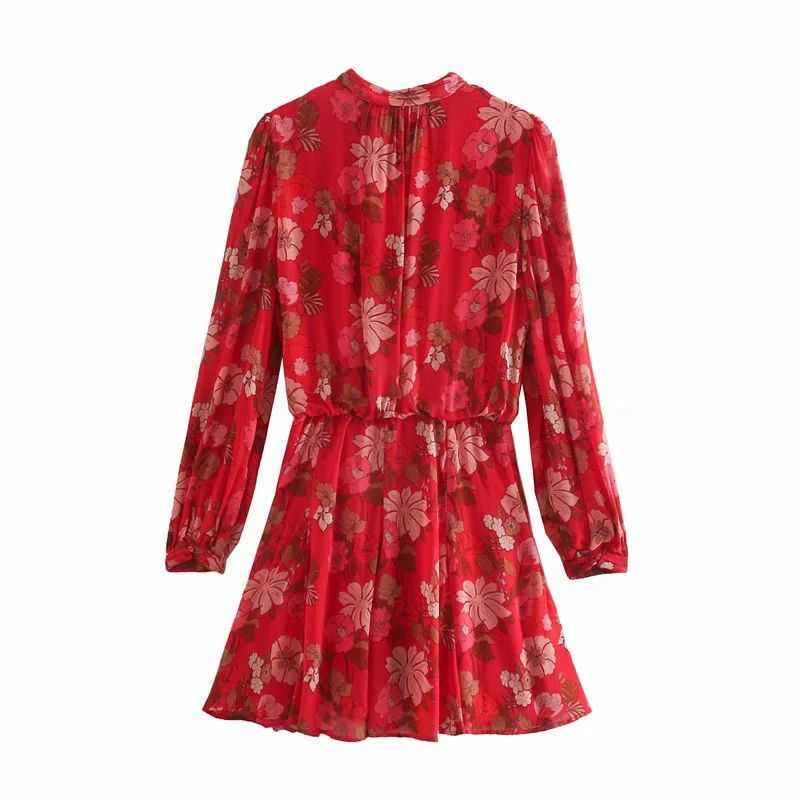 Women Dress Floral Printed Bow-Neck Long Sleeves Lined Mini Dress Femme Robe Ropa Mujer Vestidos 210709