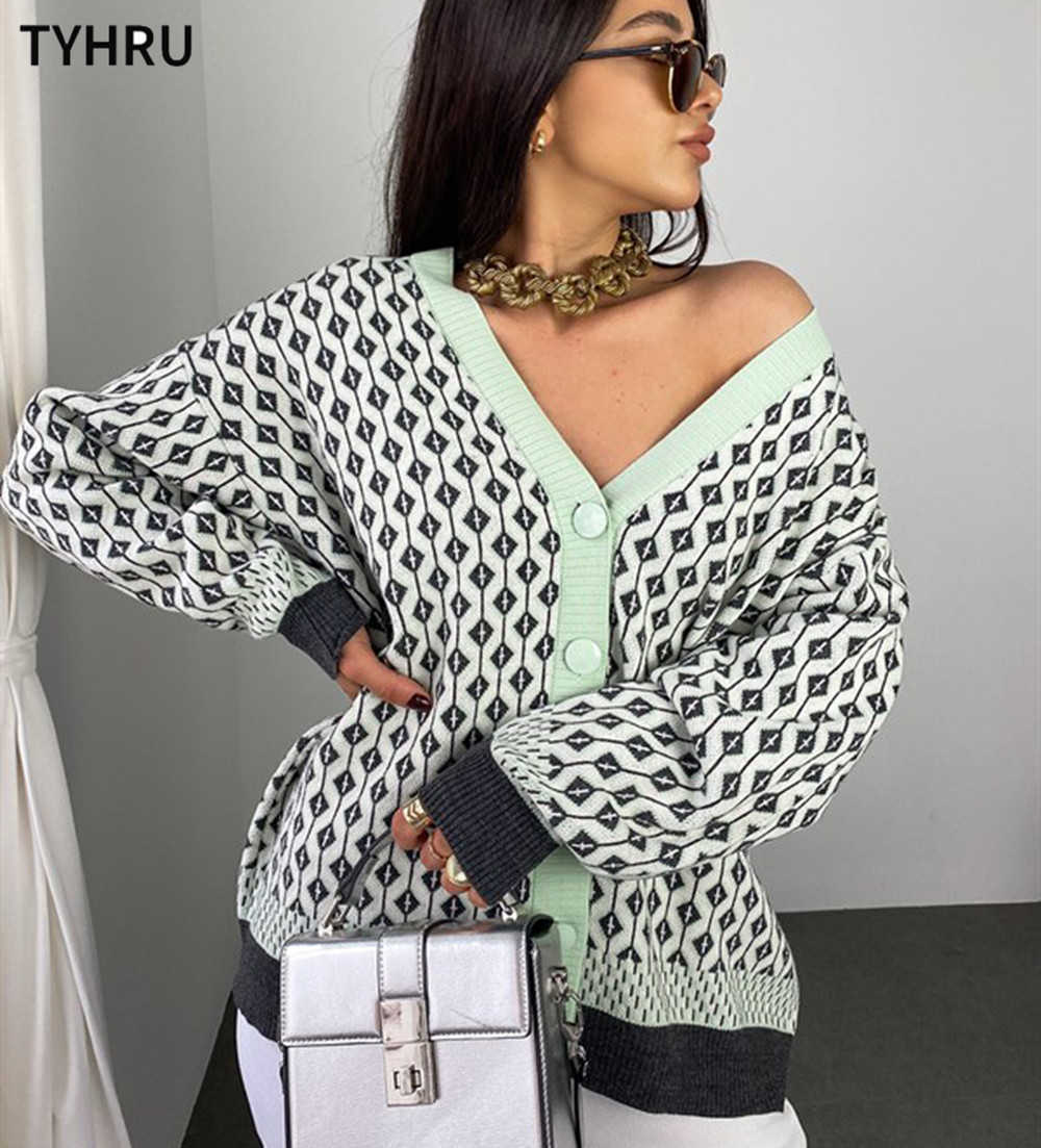 TYHRU Women's Knitting Sweater Color Matching Diamond Lattice Single-Breasted Buttons Loose Casual Knitted Cardigan Sweaters 211007