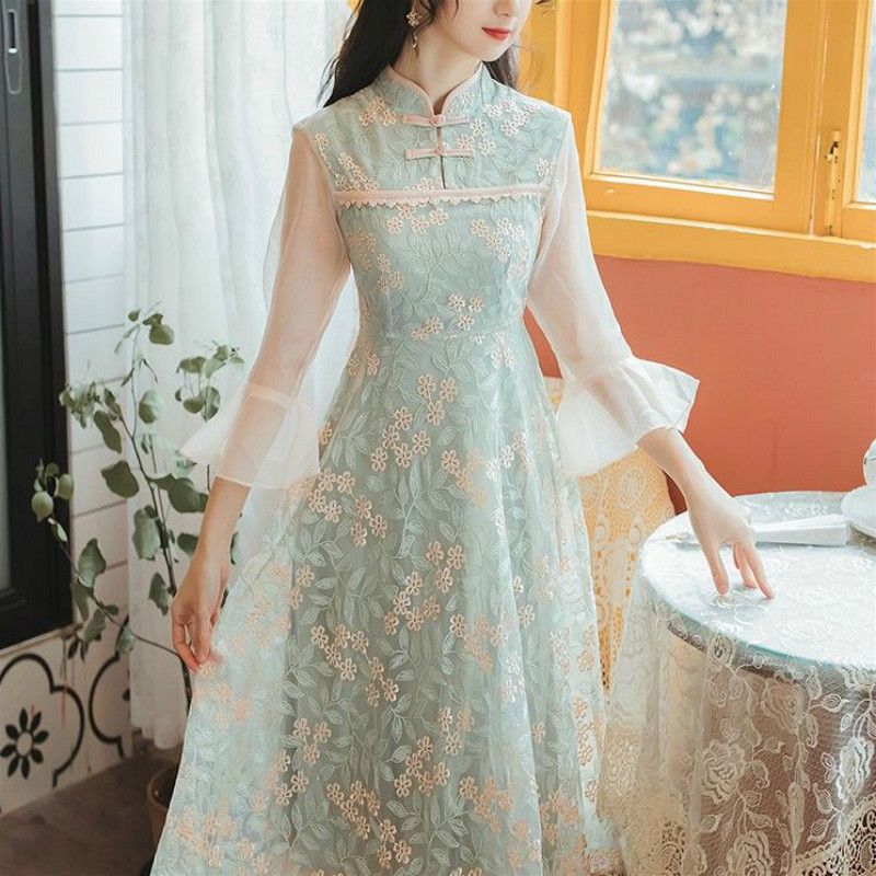 Elegant Cheongsam Dress Women Lace Patchwork Party Vintage Dress Three Quarter Embroidery French Retro Dress Korean Autumn 210521