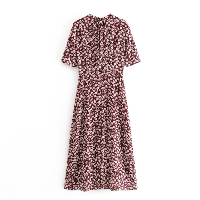 Elegant Women Bandage Tie Bow Backless Floral Print Short Sleeve Vintage Dress Ladies A line Back Strap Midi Dresses 210429