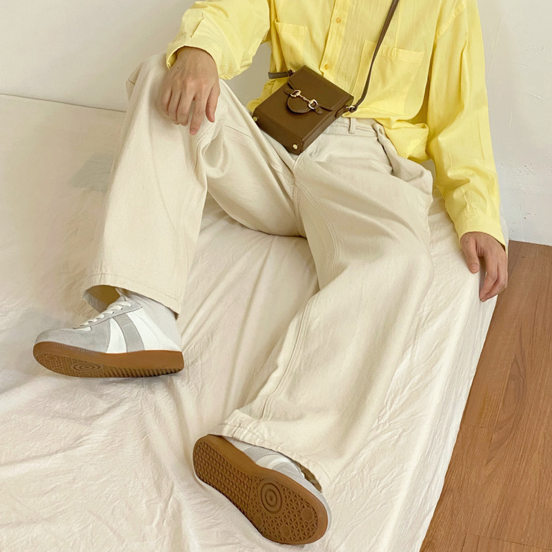 IEFB Men's Causal Pants Loose Fashion Straight Trousers Spring Summer Apricot Button Fold Waist Vintage Trousers 9Y6213 210524