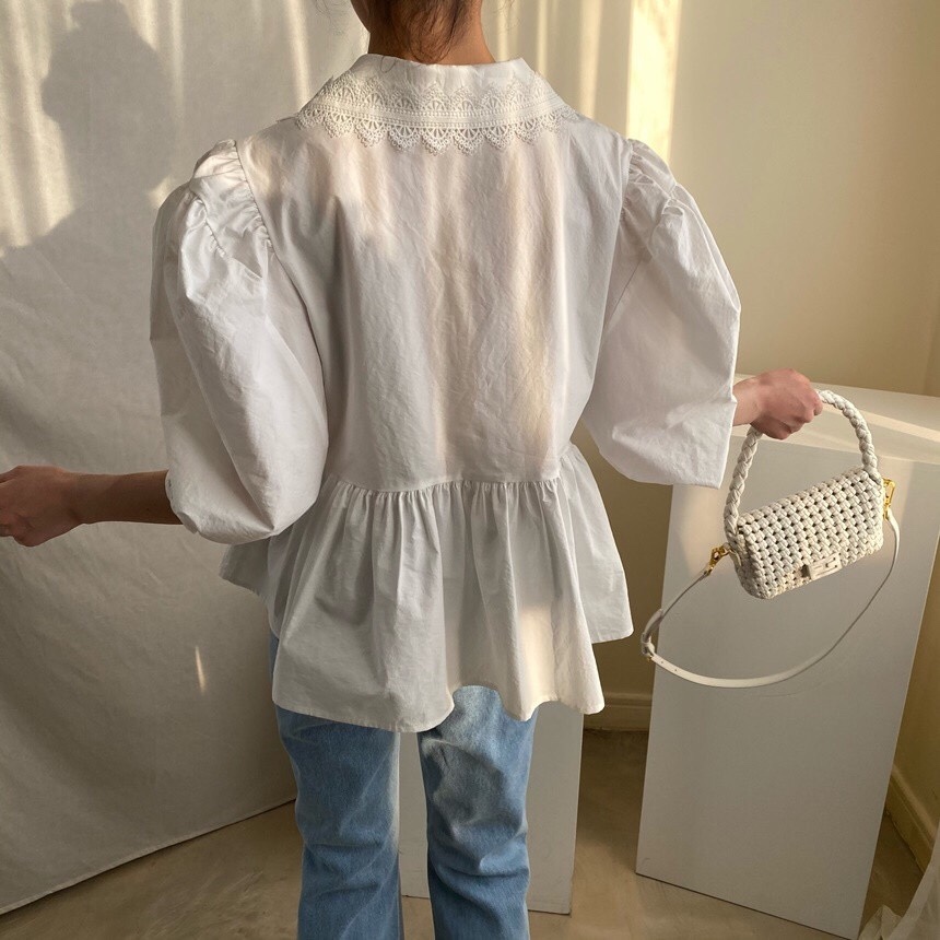 Nomikuma Korea Chic Lace Peter Pan Collat Blouses Puff Short Sleeve Doll Shirt New Ruffle Sweet Blusas Camisas Mujer 6G702 210427