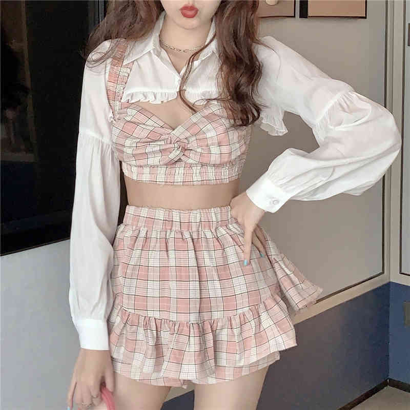 Korean Summer Fashion Three-Piece Set Women Sexy Short Ruffles Shirt + Plaid Bow Sling Vest High Waist Mini Skirt Outfit 210519
