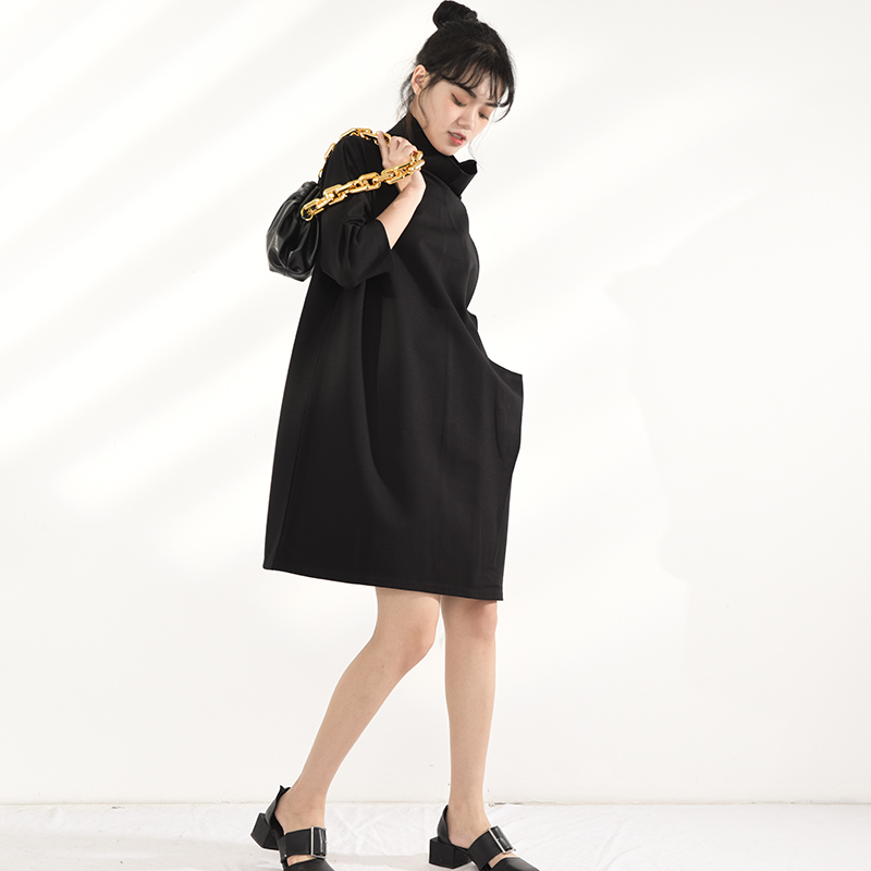 [EAM] Women Black Leisure Big Size Dress Turtleneck Three-quarter Sleeve Loose Fit Fashion Spring Autumn JL23001 21512