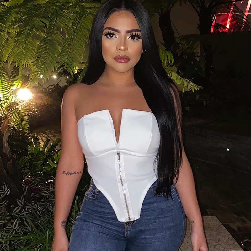 Women Tank Tops Deep V Neck Sleeveless Corset Zipper Black Crop All Match Sexy Summer Tanks White 210524