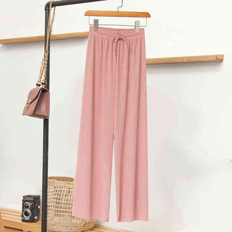Spring Summer Women Wide Leg Pants High Waist Loose Casual Long Stacked Silk Women's Ice Ankle-Length Trousers 211115