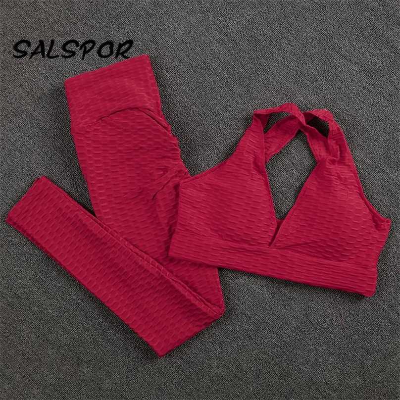 SALSPOR Seamless Leggings 2Pcs Women Sports 2 Piece Sets Gym Legging High Waist Athletic Push Up Bras Anti Cellulite Clothes 211215