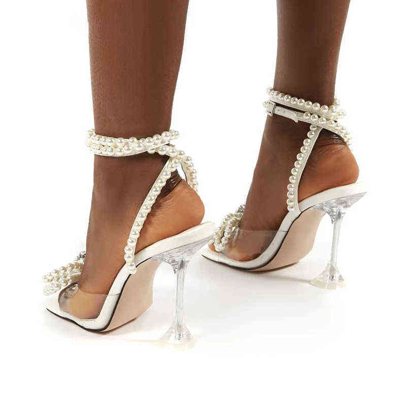 2022 NEW Sandals Women Shoes Spike Heel Open Toe Pearl Butterfly-Knot Clear Transparent High Heels Ankle Strap Buckle Pumps Y220209