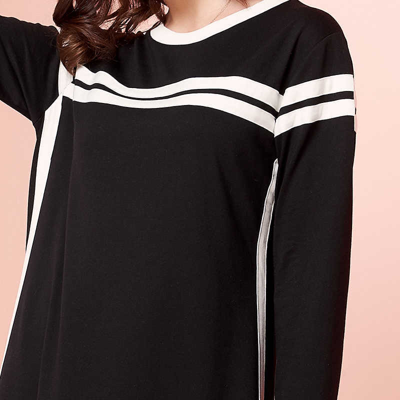 Womens Casual Dress Black White Patchwork Plus Striped O Neck Long Sleeve Maxi Dresses 210706