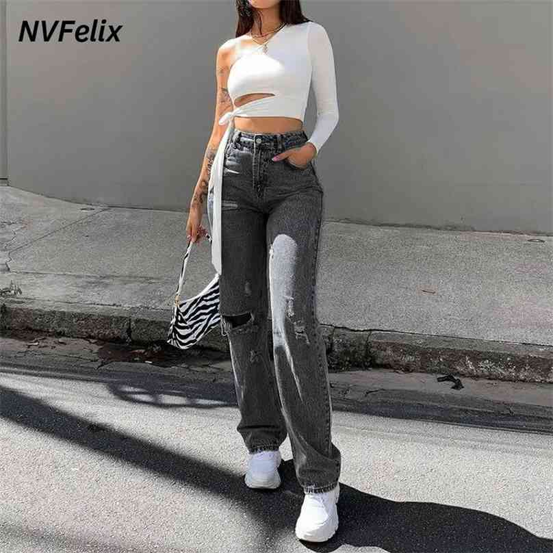 Ripped High Waist Jeans Women Straight Leg Loose Boyfriend Jean Pants Casual Wash Denim Trousers Fashion Streetwear Baggy 210922