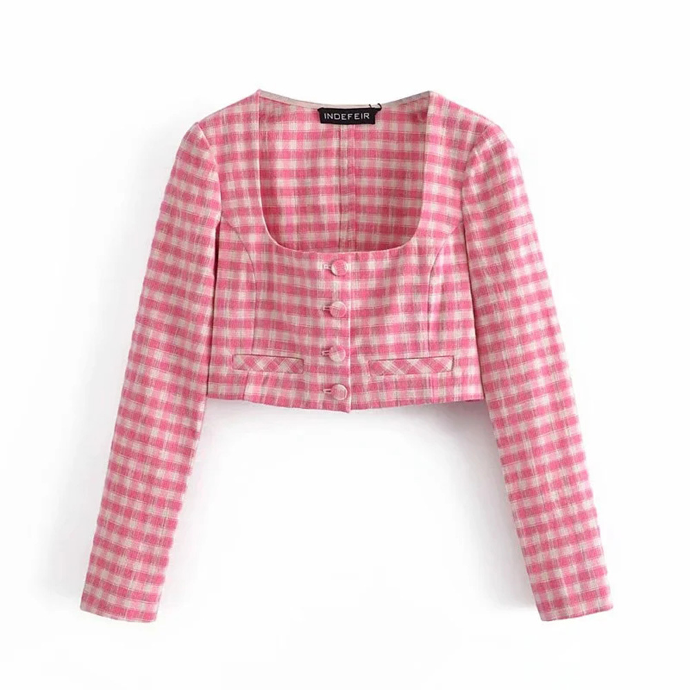 BBWM WOMAN Summer Female Square Collar Sweet Pink Plaid Short shirt Close-Fitting long-sleeved Top 210520
BBWM WOMAN Summer Female Square Collar Sweet Pink Plaid Short shirt Close-Fitting long-sleeved Top 210520