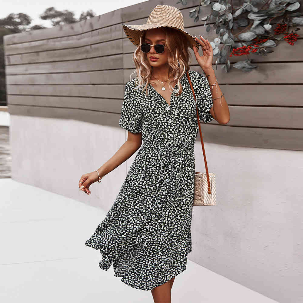 Bandage Dress Women Casual Short Sleeve Button Print Dress For Woman Holiday Style Elegant Cotton Summer Midi Dresses 210521