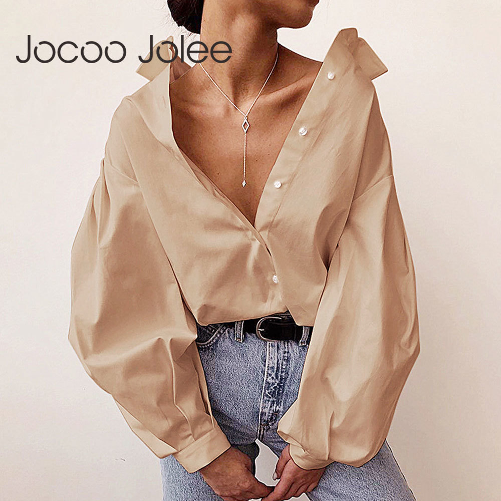 Lantern Sleeve Elegant Shirt Sexy V Neck Button Vintage Blouse Turn Down Collar Office Lady Loose Oversized Female Casual 210428