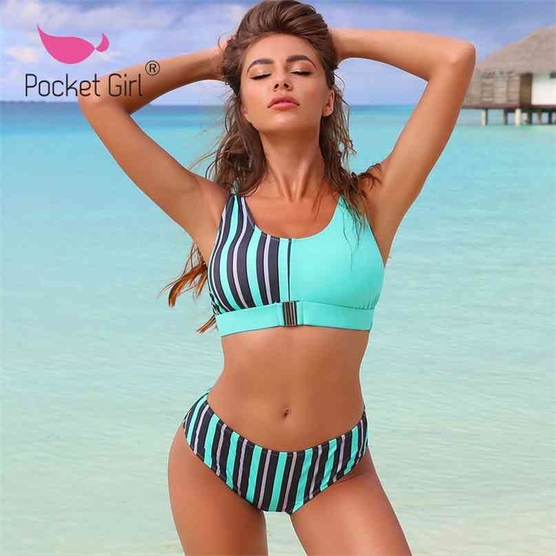 Pocket Girl Women Volleyball Bikinis Set Summer Tankini Sexy Swimwear Female Push Up Padded Bikini Sling Zipper Swimsuit 210625
