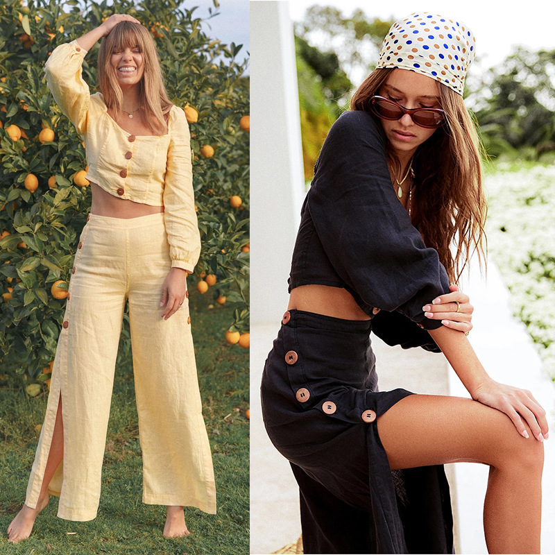 Women Set Pants Single Breasted Crop Top With High Waist Split Wide Leg Two Piece Spring Summer 210513