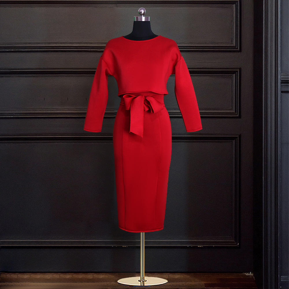 Women Set Skirt s Bandage High Waist Long Skirts Short Tops Plus Size Red 2 Piece Fashion 210513