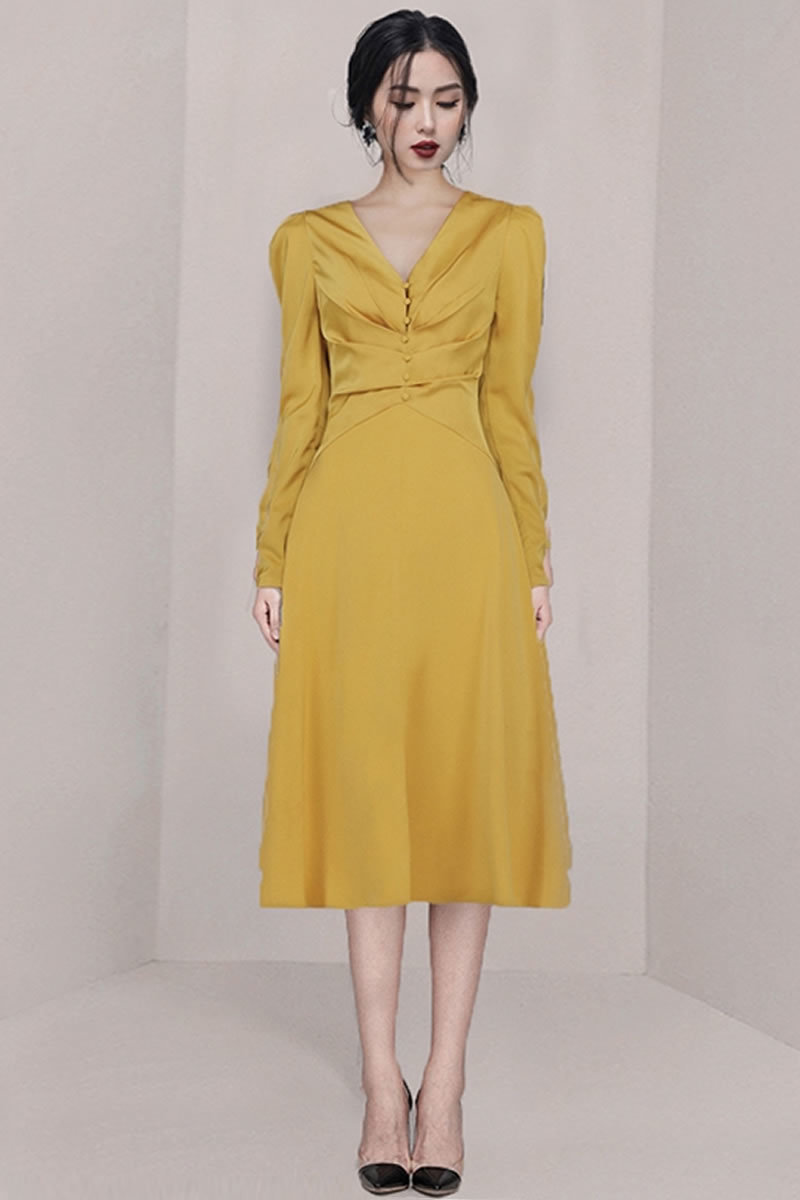 High Quality Runway Women Party Dress Autumn Yellow Long Sleeve Bodycon Midi Elegant V Neck Slim Button Vestidos 210519