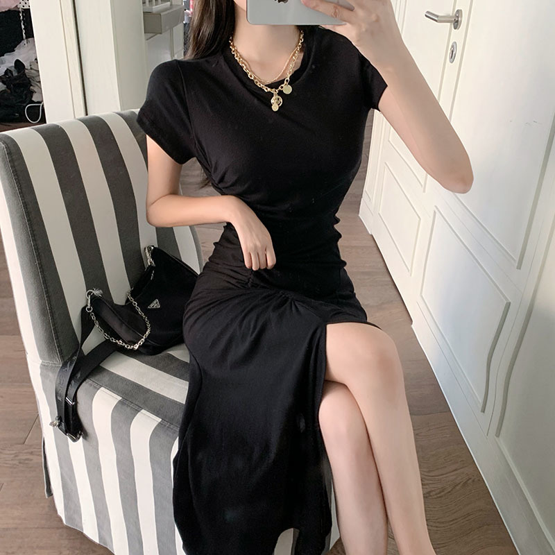 Elegant Vintage Dress French Solid O-Neck Shirring Slim Midi Dress Office Lady Korea Style Casual Thin Women Dresses Summer 210521