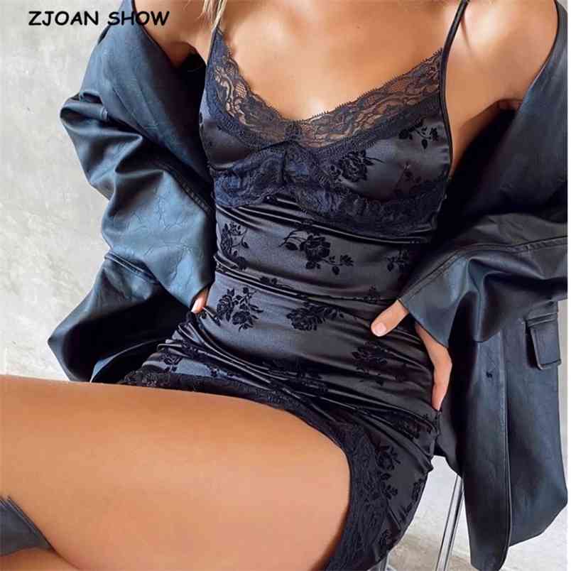 Sexy Spliced Lace Jacquard Bright Satin Sling Dress Woman Vintage Spaghetti Strap Bodycon Like Silk Short Base Black 210429