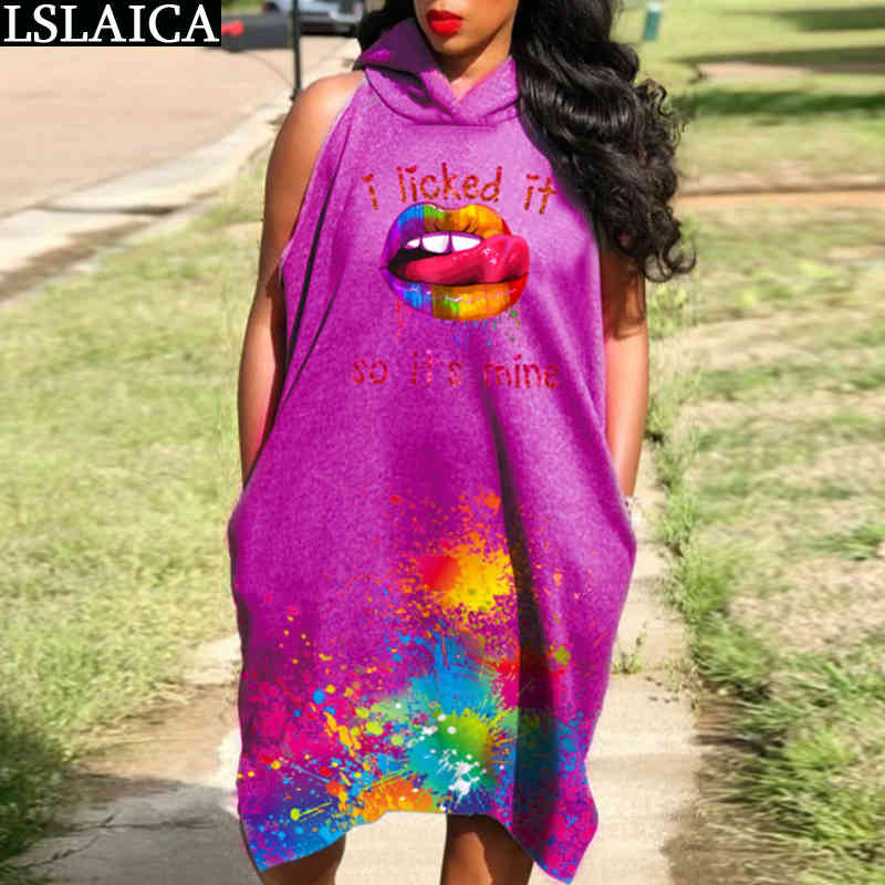 Dresses for Women Sleeveless Hooded Loose Lipps Print Fashion Sweatshirt Maxi Dress Plus Size L-5XL Casual Robe Longue 210515