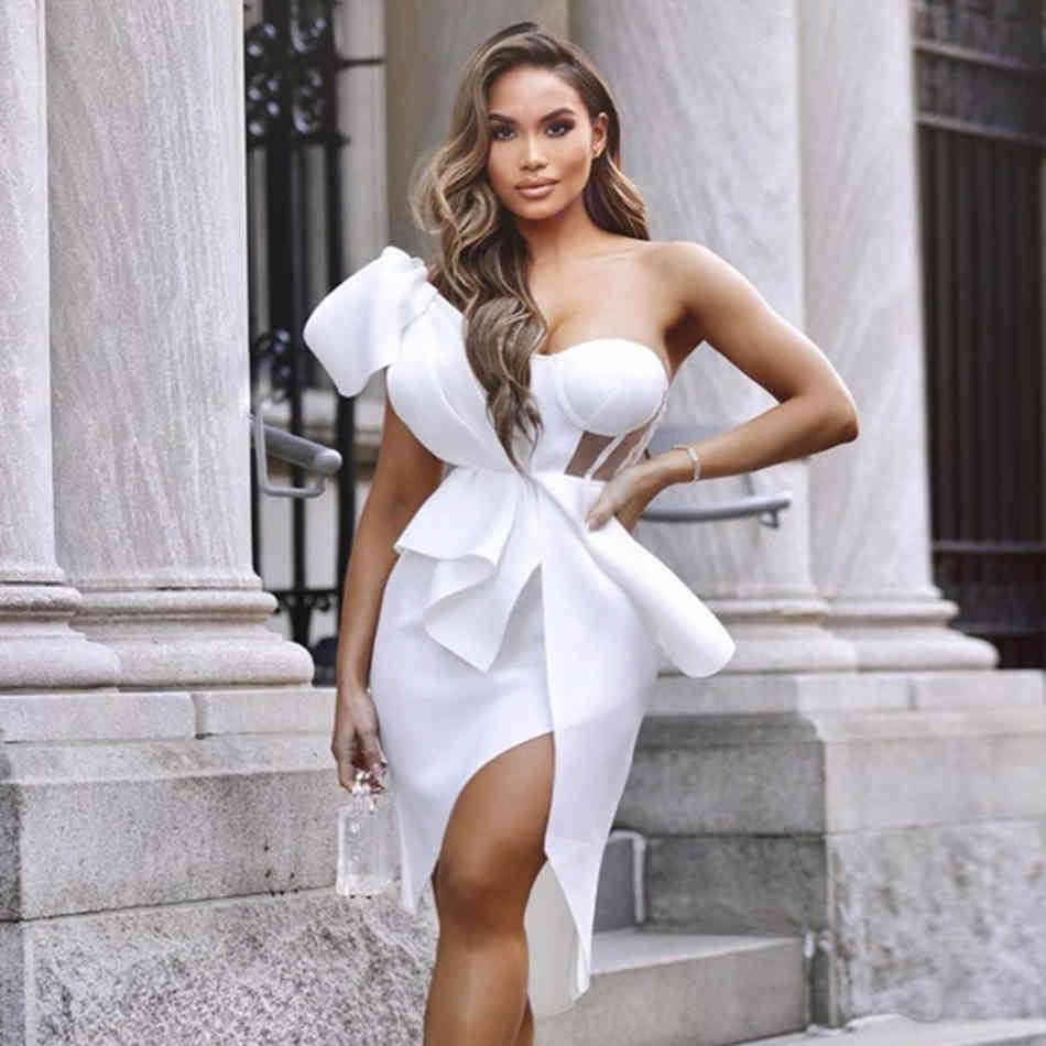 Summer One Shoulder Bow Bodycon Club Dress Women Sexy Lace Ruffles Sleeveless Celebrity Evening Party Vestidos 210423