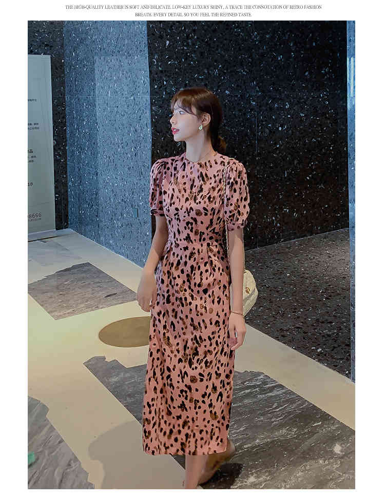 summer Puff Short Sleeve Summer Midi Pink Leopard Dress Vintage Women Elegant Ladies O-Neck Casual slim chic 210519