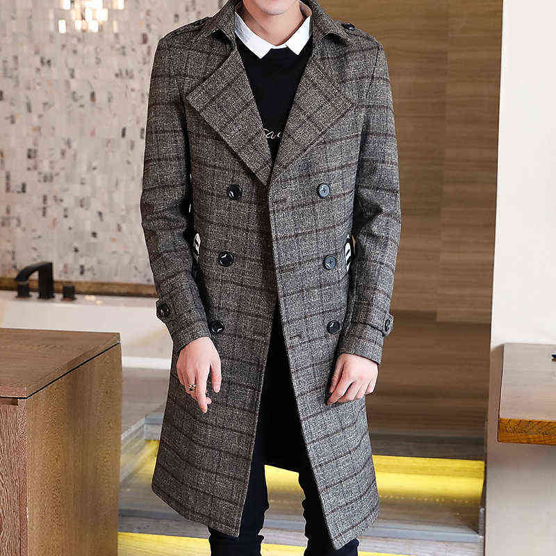 Winter Woolen Coat Jackets Men Casual Slim Long Mens Wool Trench Coat Double-breasted British Style Plaid Outwear Windbreaker