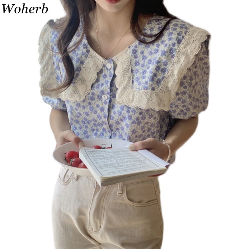 Puff Sleeve Blouses Women Lace Peter Pan Collar Tops Floral Print Summer Vintage Korean Blusas Mujer Cute Shirt Ins 210519