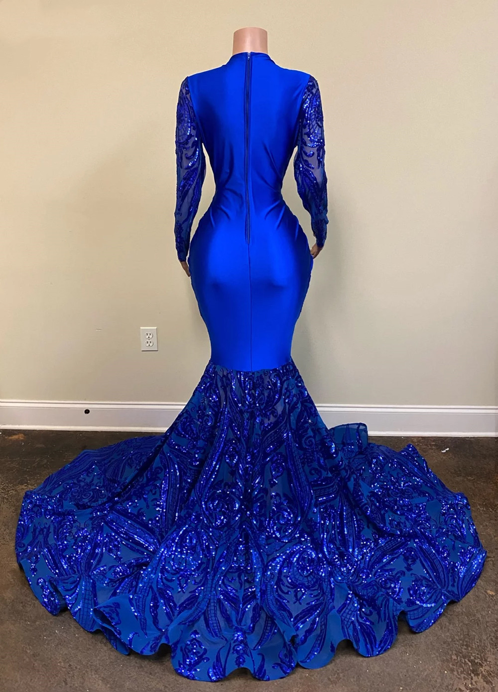 Royal Blue Mermaid Prom Dresses Real Image Long Sleeve Shiny Sequins Applique Trumpet African Black Girls evening Gala Gowns