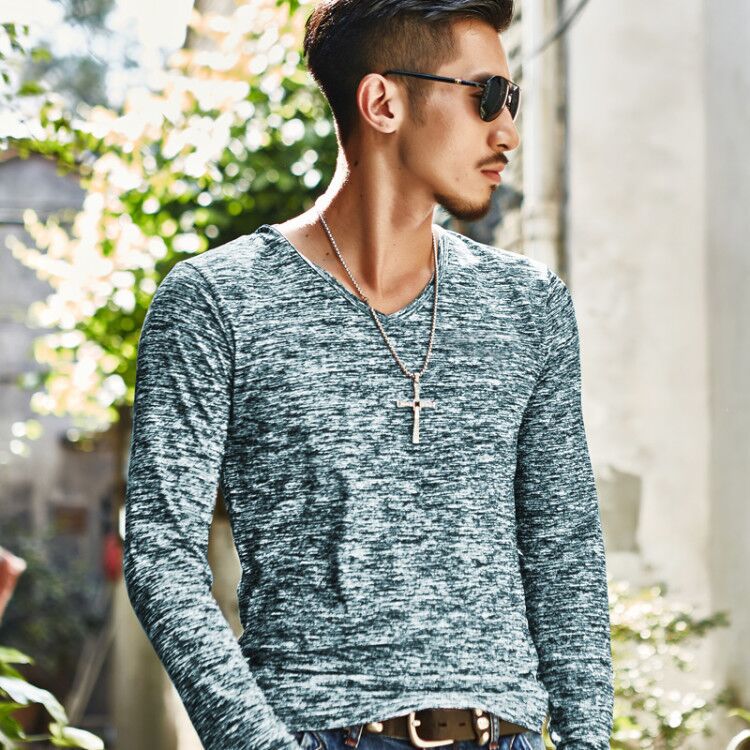 Autumn Slim Streetwear V neck T Shirt Men Casual Fitness Tops&Tees Vintage Blue Long Sleeve Pullover shirt Homme Plus Size