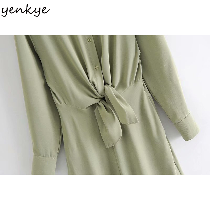 YENKYE Vintage Solid Color Long Maxi Dress Women Front Knot Long Sleeve Lapel Collar A-line Casual Winter Dress Plus Size Robe 210515