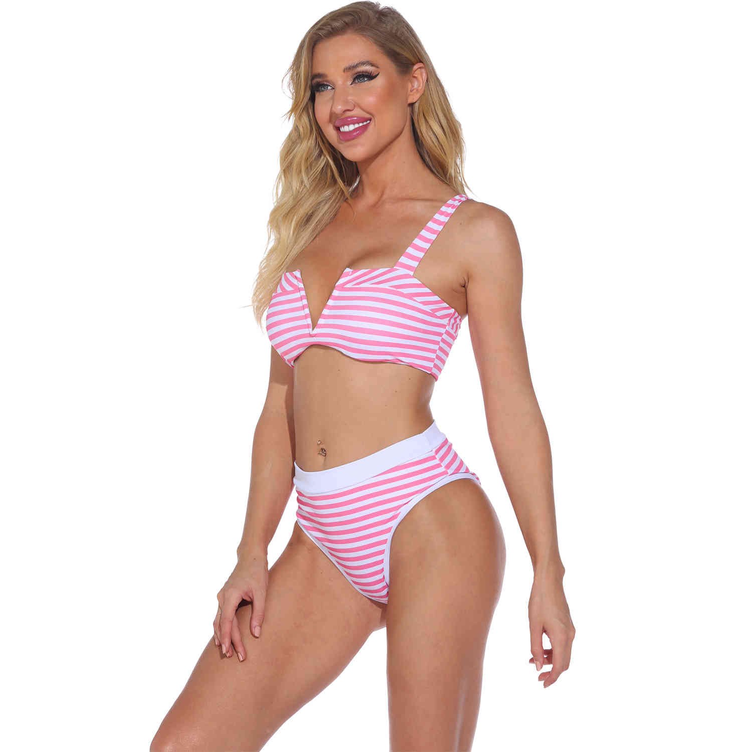 Sexy Push Up Bikini Two Piece Swimsuit Women Striped High Waist Set Plus Size Brazilian Swimwear Bathing Suit Pink 210520