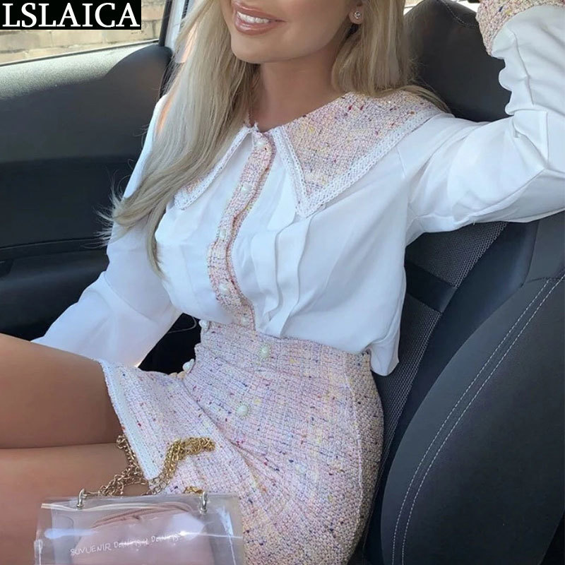 2 Piece Sets Womens Outfits Autumn Patchwork Skirt And Top Set Casual Fashion Office Party For Women Roupas Femininas 210515