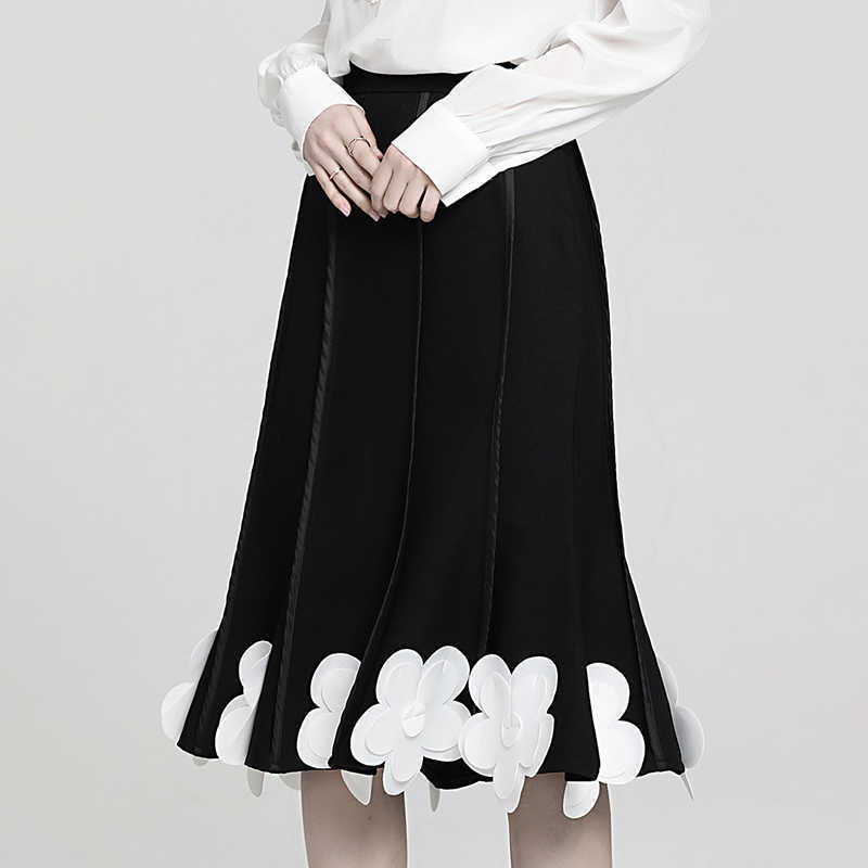 Hit Color Patchwork Appliques Skirt For Women High Waist Elegant Bodycon Pleated Midi Skirts Female Fashion Spring 210531