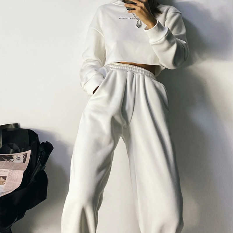 Women Tracksuit Set Letter Print Plush Woman Casual Sets Short Sweatshirt Elastic High Waist Pants Streetwear Winter Spring 210709