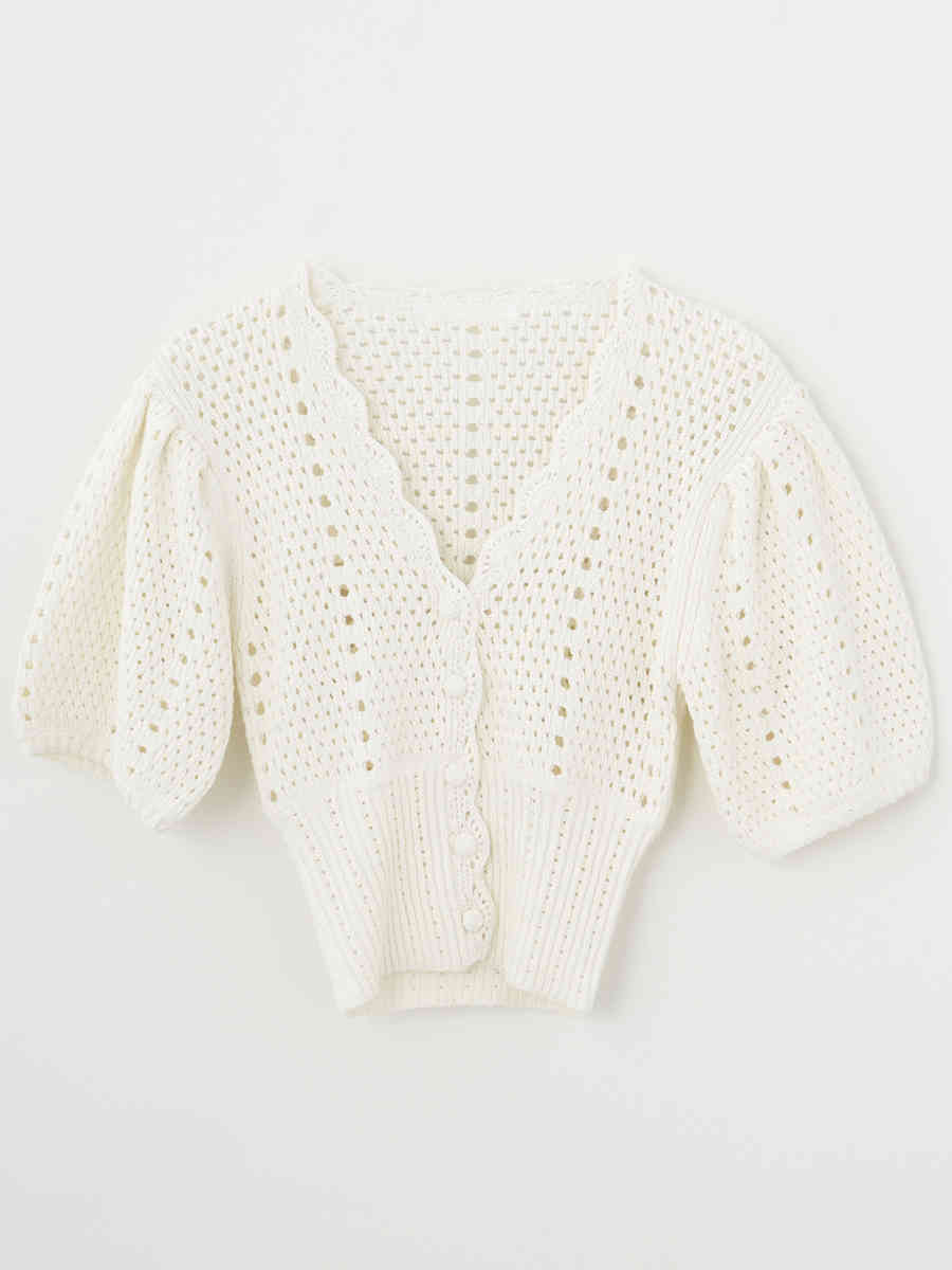 Korean Hollow Knitted Women Cardigan Tops Puff Sleeve V-neck Single-breasted Sweater Fashion Elegant Ladies Jumpers Femme 210514