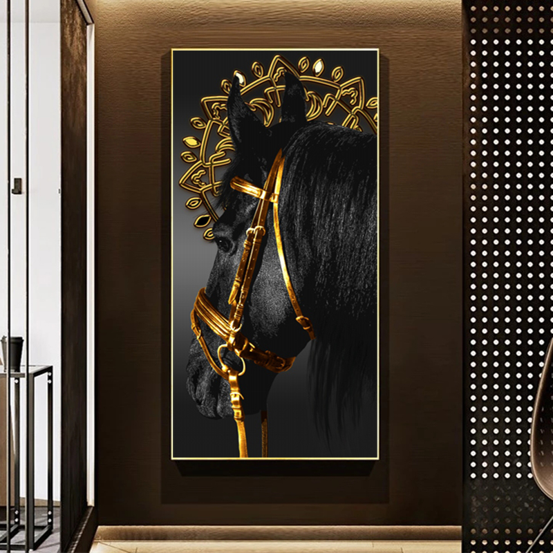 Golden Black Horse Poster Animal Canvas Prints Wall Art Pictures For Living Room Entrance Painting Modern Home Decor Cuadros