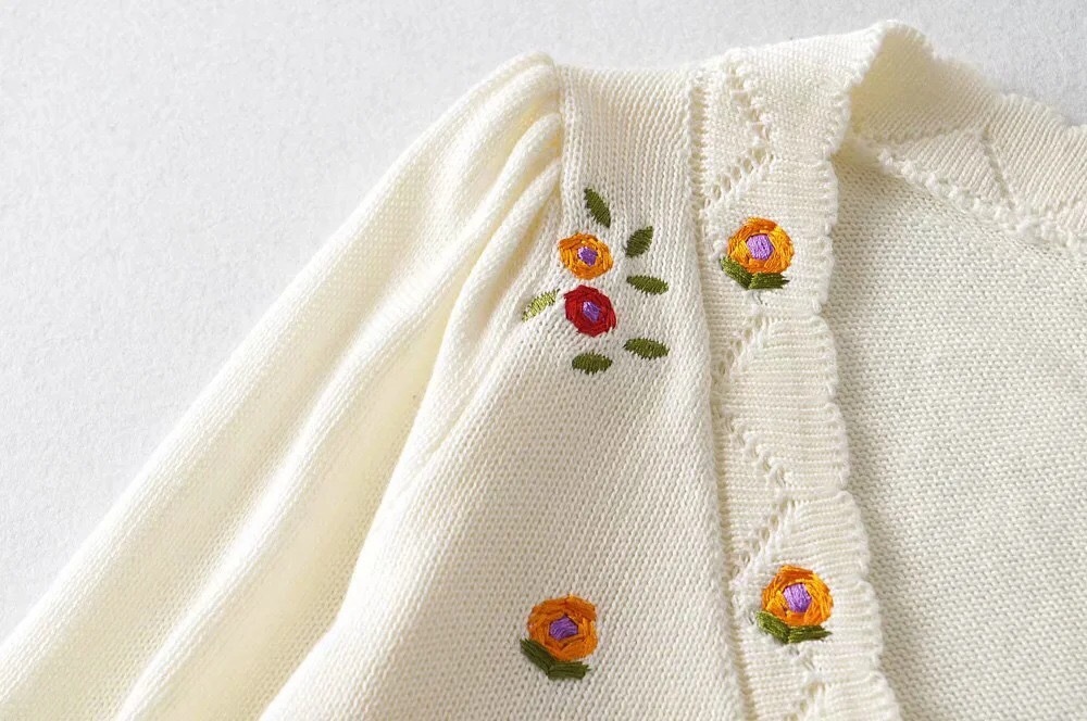 Retro Flower Embroidery Knitted Cardigan Vintage Wood ears Cropped Sweater Punk pull Korea Clothes Women Knit kardigan 210429