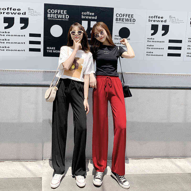 Spring Summer Women Wide Leg Pants High Waist Loose Casual Long Stacked Silk Women's Ice Ankle-Length Trousers 211115