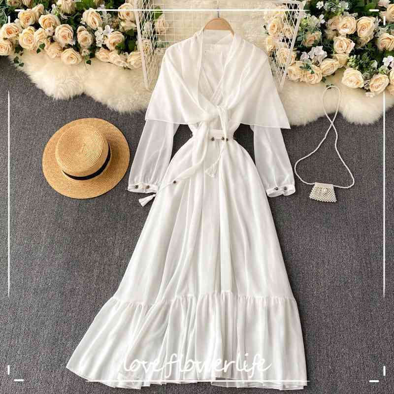 LoveFlowerLife Fashion Korean Clothings Vestidos Sweet V-neck Long Sleeve Drape High Waist Slimming Korean Women Dress 210521