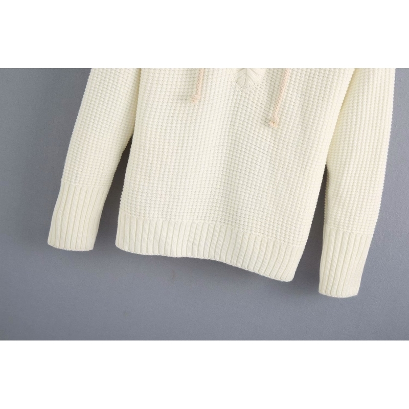 fashion women knitwear hoodie autumn white lace up o neck ladies knit coats casual female knitwears soft girls chic 210430