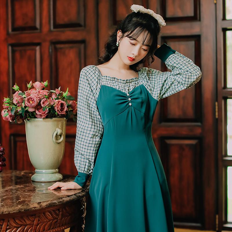 Fashion Women's Clothing Autumn Square Collar Full Plaid Vintage Dresses Women Dress Casual
