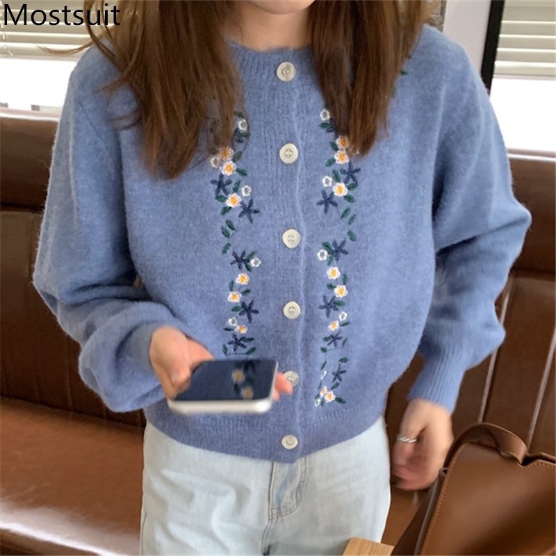 Vintage Floral Embroidered Korean Cardigan Sweater Women Single Breasted O-neck Tops Elegant Fashion Ladies Jumper 210514