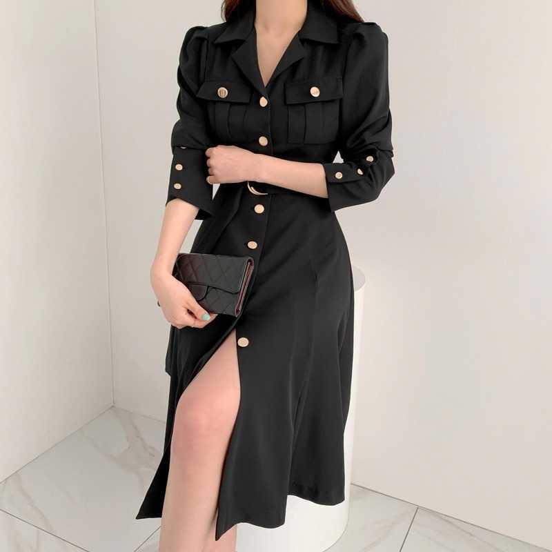 Korejpaa Woman Dress Korean Chic Spring Fashion Elegant Single-row Buckle Strap Waist Slim Long Sleeve Dresses Female 210526